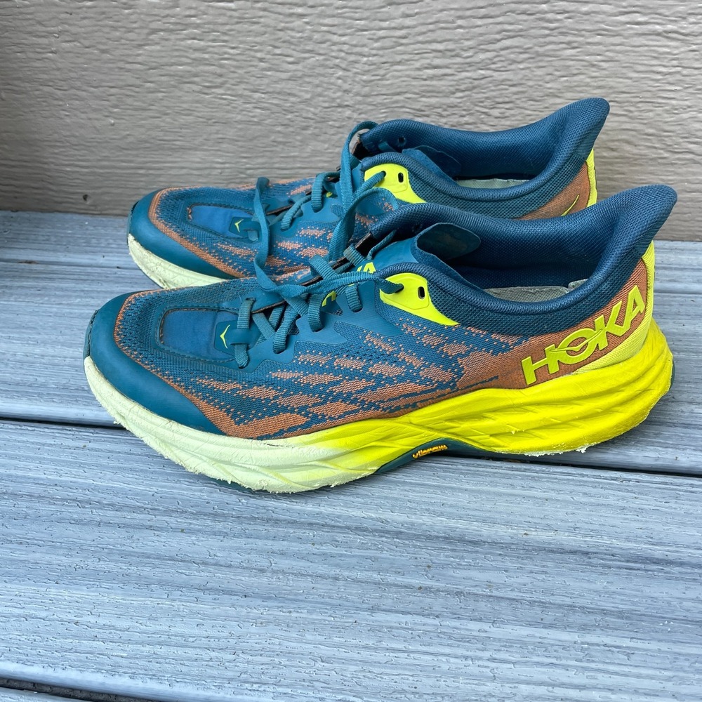Hoka Speedgoat 5 Running Shoes Mens 10D Blue Orange Yellow Vibram Sole  Trail